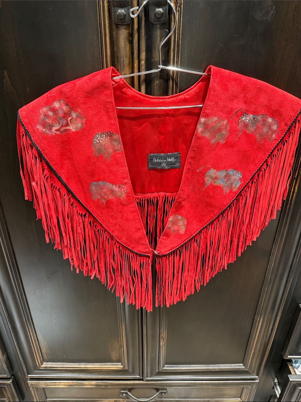 Patricia Wolf Red Fringe Suede Shawl Collar